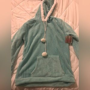 NWT teal fuzzy hoodie with ears and front pocket size medium